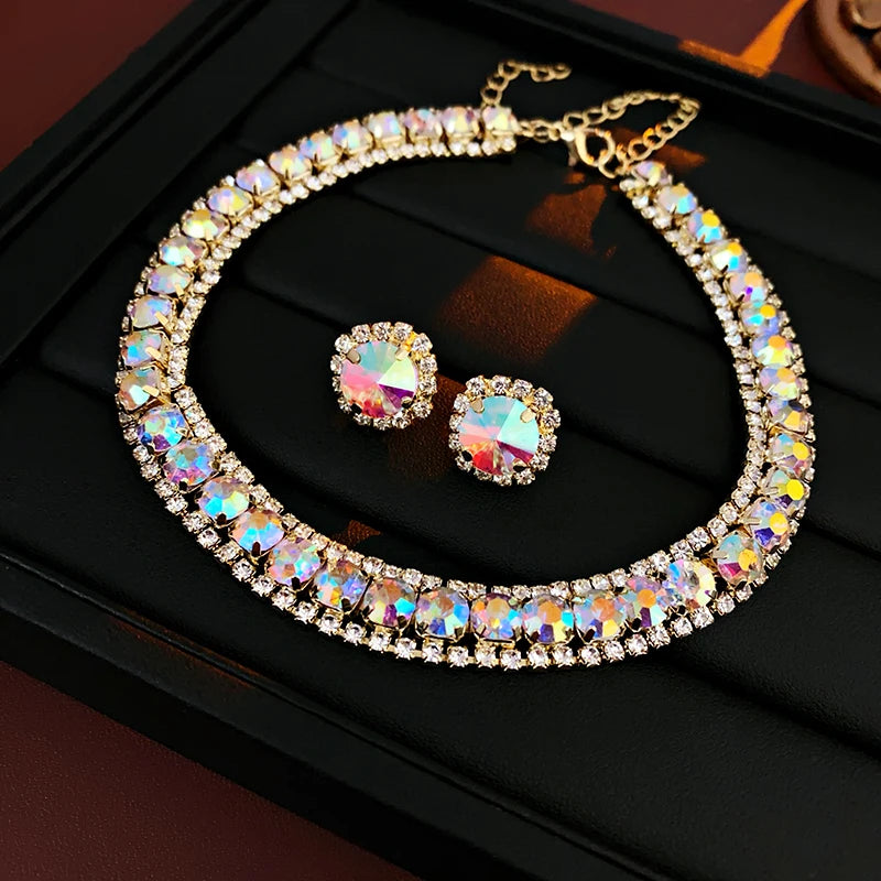 Luxury Green Rhinestone Necklace Stud Earrings For Women Crystal Choker Necklaces Ladies Fashion Weddings Banquet Jewelry Set K