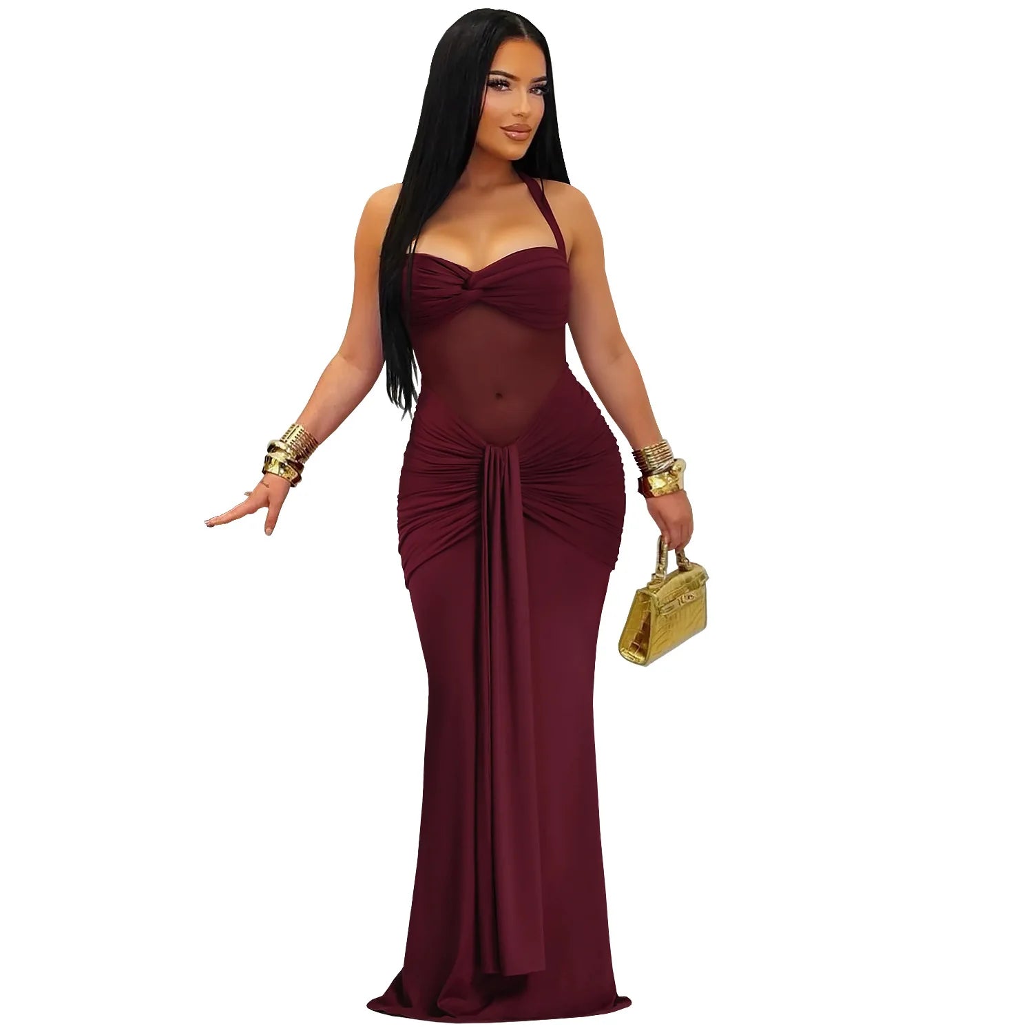 CM.YAYA Women Off Shoulder Halter Lace Up Ruched Bodycon Maxi Dress 2026 Birthday Evening Sexy Party Long Dresses Vestidos