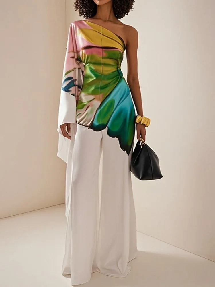 Women's Elegant Jumpsuit One-shoulder Flared Sleeves Wide Leg One-piece Suit 2025 Summer Stylish Butterfly Print Rompers