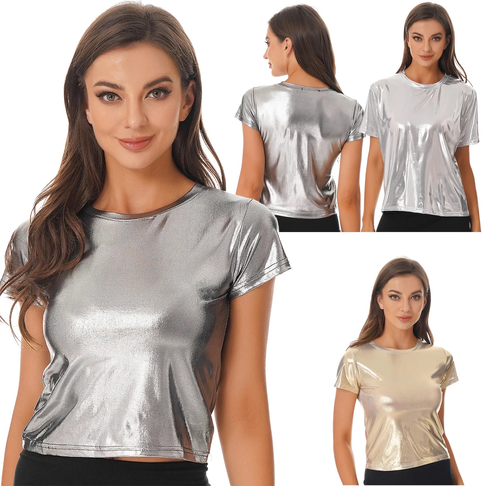 Women Shiny Metallic Silver Short Sleeve T-shirt Sexy Round Neck Glossy Solid Color Tops for Dance Party Rave Festival Clubwear