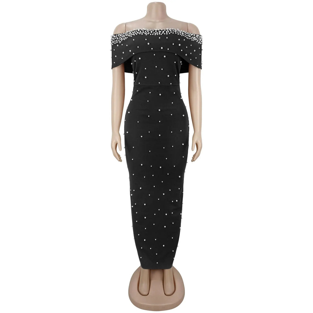 HBLL Black Women Sexy Off The Shoulder Beading Bodycon Long Dress Evening Party Celebrate Birthday Cocktail Gowns Vestidos Longo