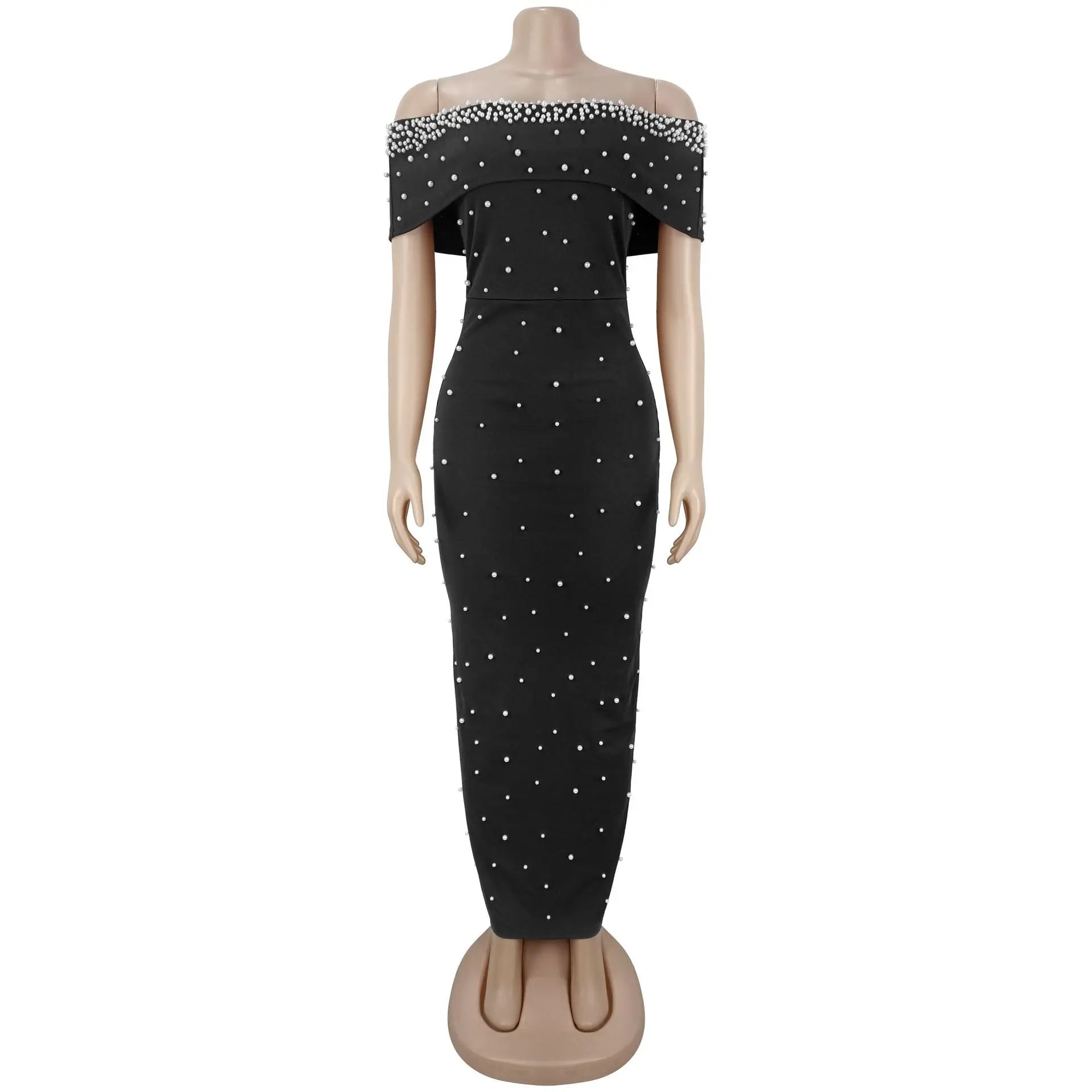 HBLL Black Women Sexy Off The Shoulder Beading Bodycon Long Dress Evening Party Celebrate Birthday Cocktail Gowns Vestidos Longo
