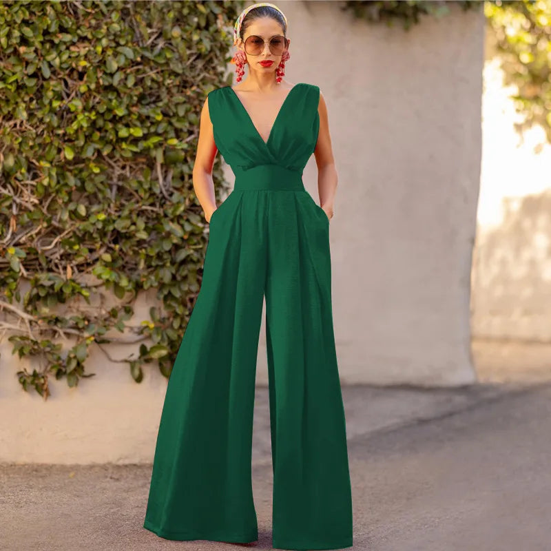 Jumpsuit Women Summer New Sleeveless Sexy Deep V-neck Solid Color High Waist Wide Leg Jumpsuits Elegant Commuting Lady Playsuits