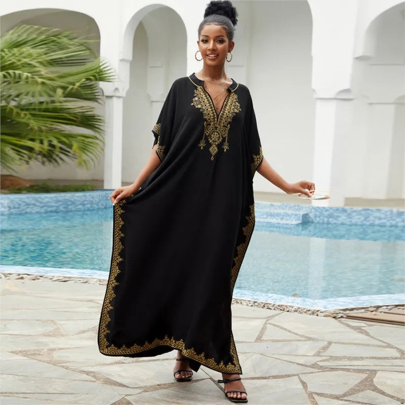 Women Vintage Loose Dress Cotton Beach Cover-up Embroidered Robe Vacation Sun Protection Bikini Cover-up Sexy Dresses For Women