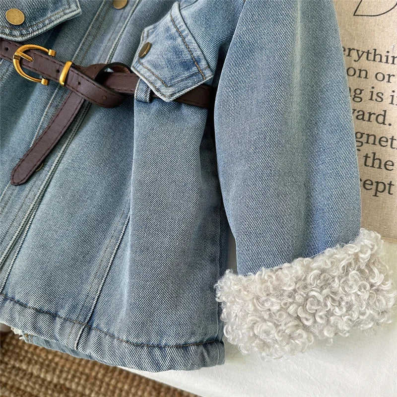 Winter Girls Thick Demin Coats Baby Plus Velvet Warm Outerwear With Belt Kids Princess Designed Long Jackets Children Clothes