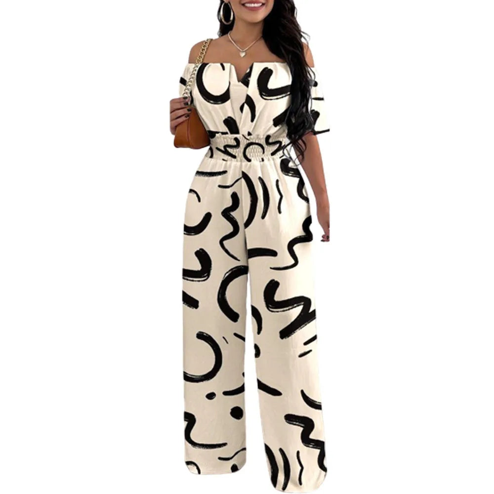 Jumpsuits for Women 2025 Spring Fashion Off Shoulder Casual Plain Short Sleeve Shirred Waist Daily Long Wide Leg Jumpsuit 2025