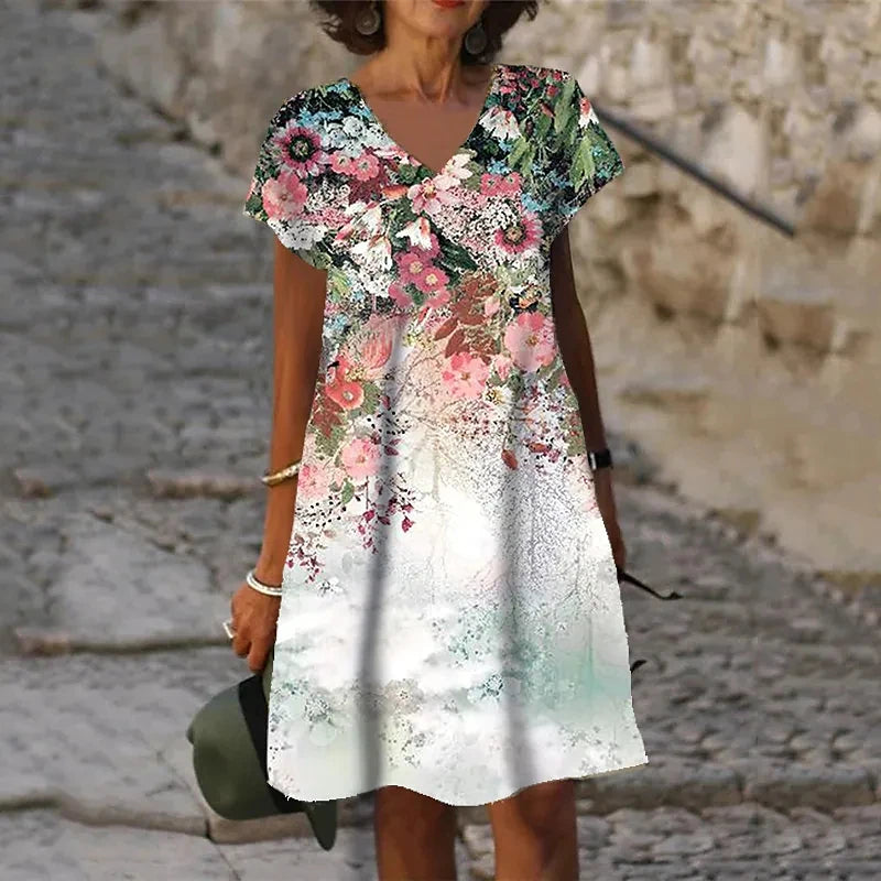 3D Peacock Floral Print Dresses For Summer 2022 New Women Fashion Short Sleeve V-Neck Loose Dress Vintage Oversized Ladies Dress