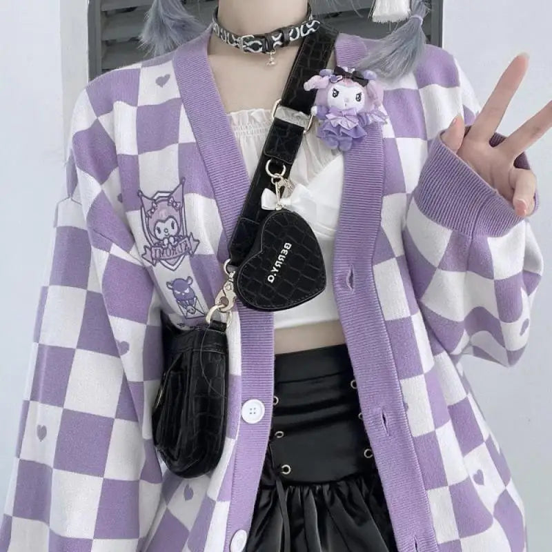 Anime Sanrioed Pompompurin Girls Cardigan Sweater Kawaii Kuromi Cinnamoroll Spring Autumn Knit Coat Loose Sweet Embroidery Tops