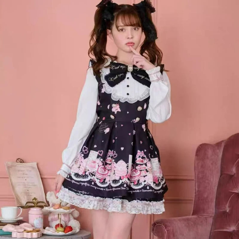 Japanese Kawaii Rhinestone Bow Dress Set Women Sweet Cute Lolita Style Lace Pearl Print Shirt Dresses Gothic Y2k Tea Party Dress