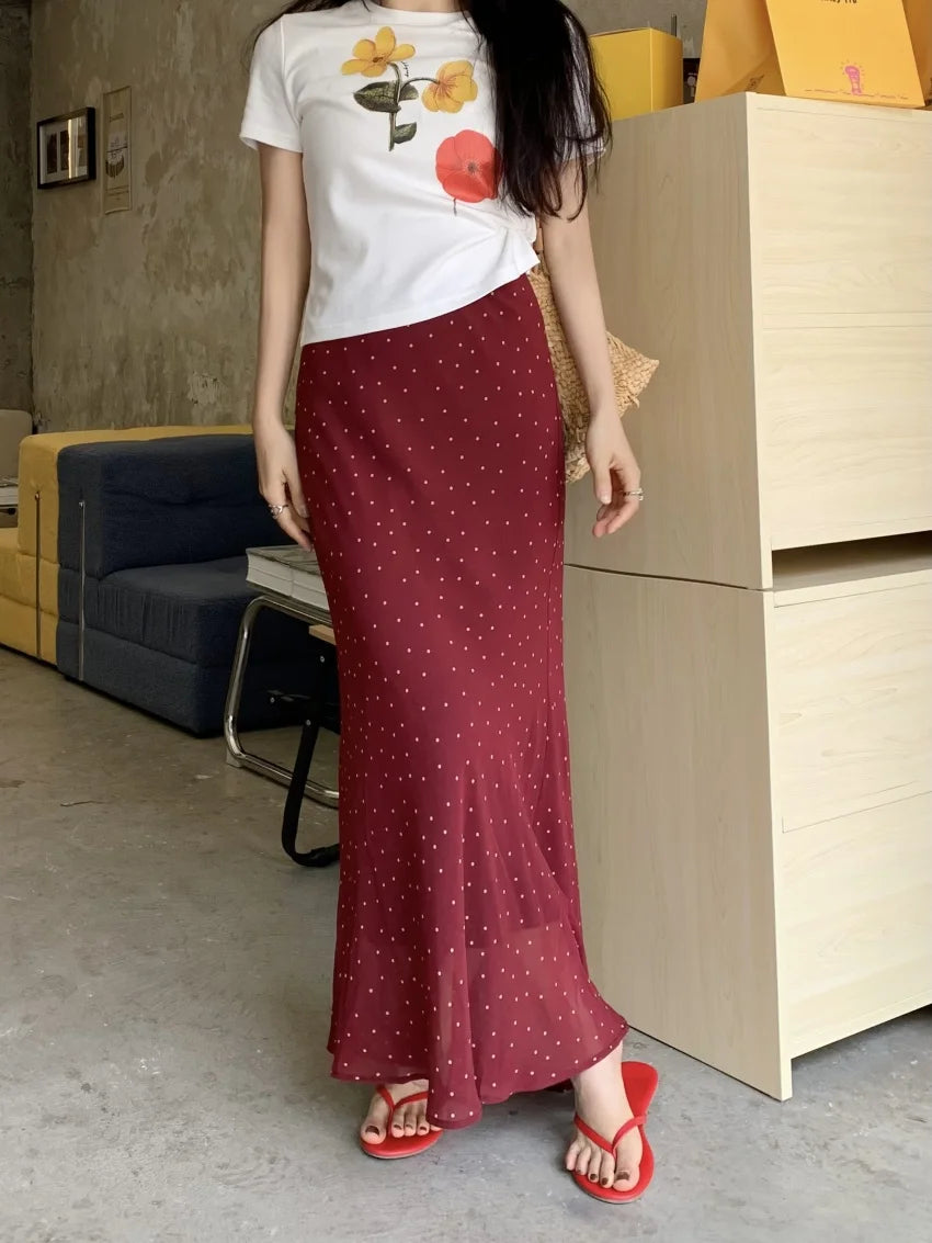 Alien Kitty Polka Dots Women Mermaid Skirts Summer Chiffon New 2025 Sweet Slim Bodycon Daily High Waits Casual Gentle OL