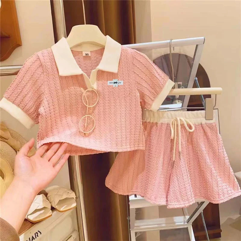 Girls Sweet Clothing Sets Fashion Big Kids Polo Short Sleeve Suits Summer T-Shirts+Shorts 2Pcs Children Outfits 2-10 Years