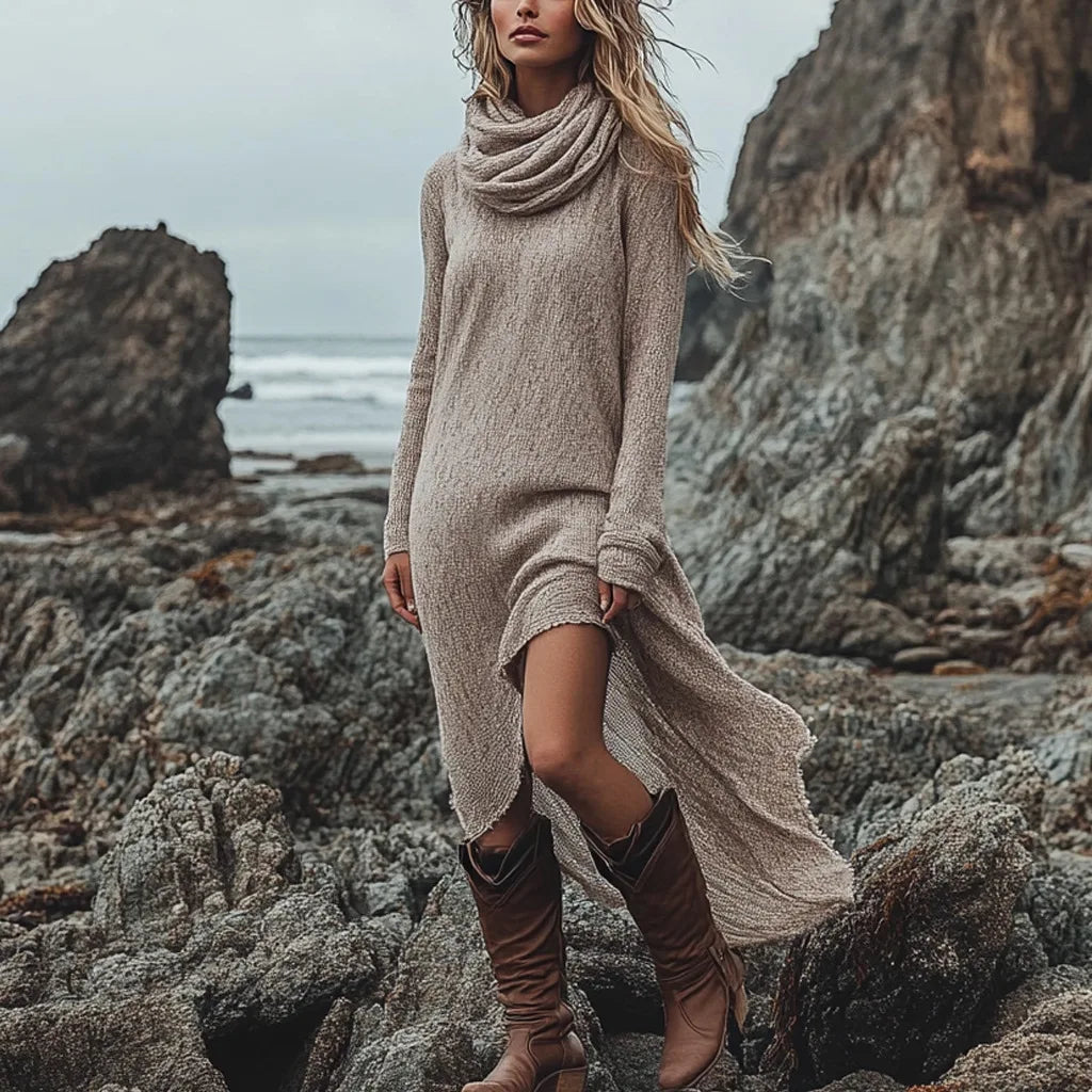 Elegance Heaps Collar Loose Dress For Woman Fashion Irregular Hem Long Sleeves Casual Dresses Spring Autumn Lady Solid Vestidos