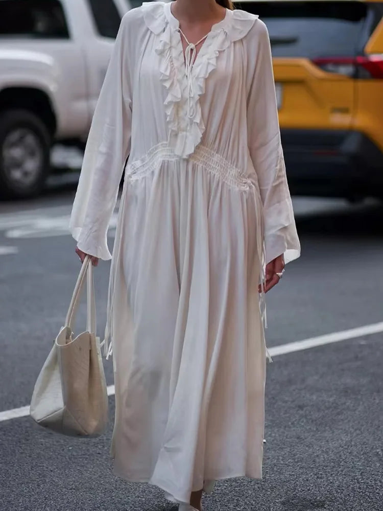 HH Women Summer Fashion Beach Style White Long Dress Long Sleeves Lace-Up Decoration Women's Flounced Edge V-Neck Dresses