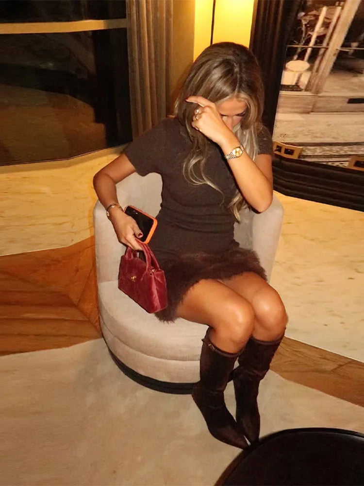 Sexy Fur Patchwork Party Dress Women Brown Slim Short Sleeve O-neck Short Dresses 2025 Fashion Evening Solid Robe Lary