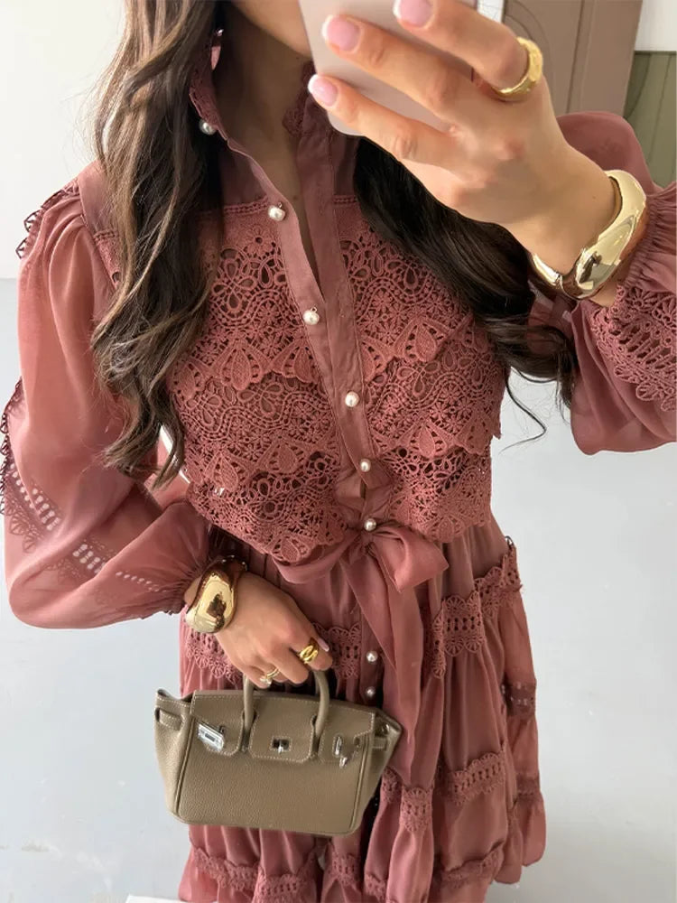 Hollow Out Women's Long Dresses Lantern Sleeves Lace Up Pearl Single Breasted Vestidos Spring Female Solid Elegant Robe 2026