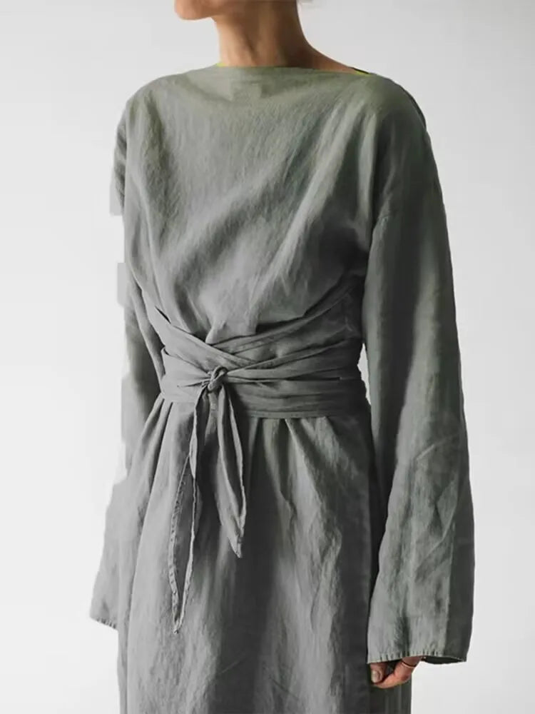 Women Casual Solid Cotton Linen Dress Fashion Lace-Up Long Sleeve Maxi Dresses Spring Female Elegant Simple Dress Mujer Harajuku
