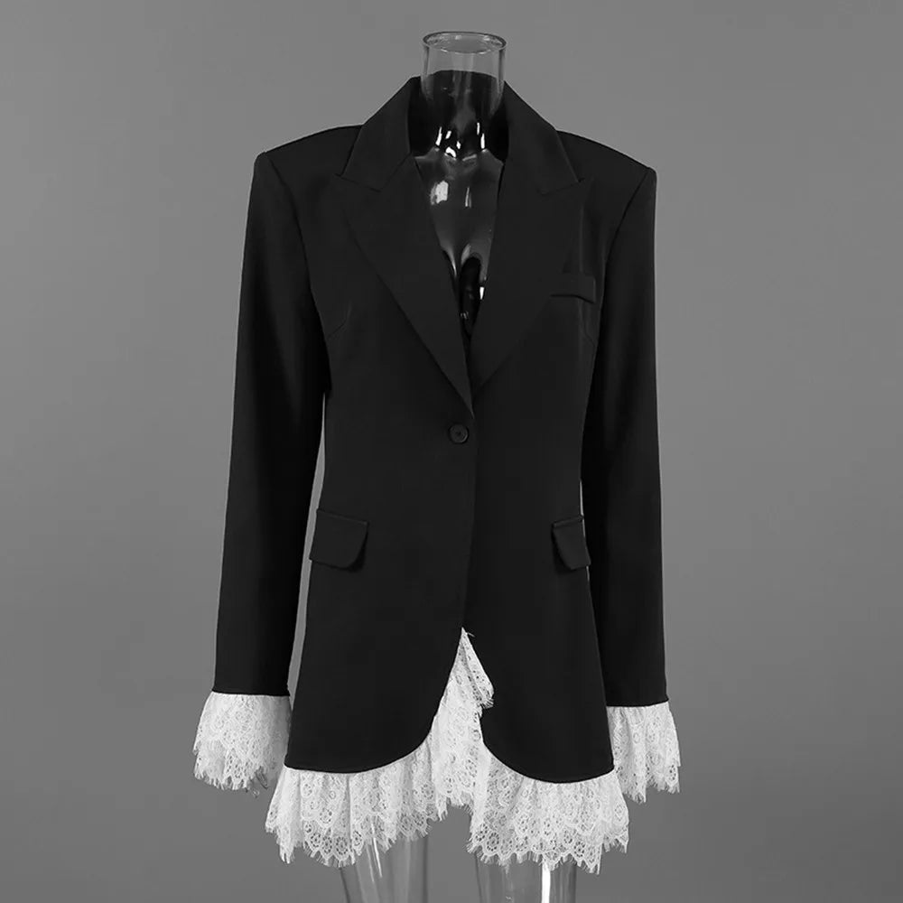 BKLD 2026 Autumn New Sexy V-Neck Lace Patchwork Black Dress Elegant Temperament Long Sleeve Blazer Short Dresses Women Clothing