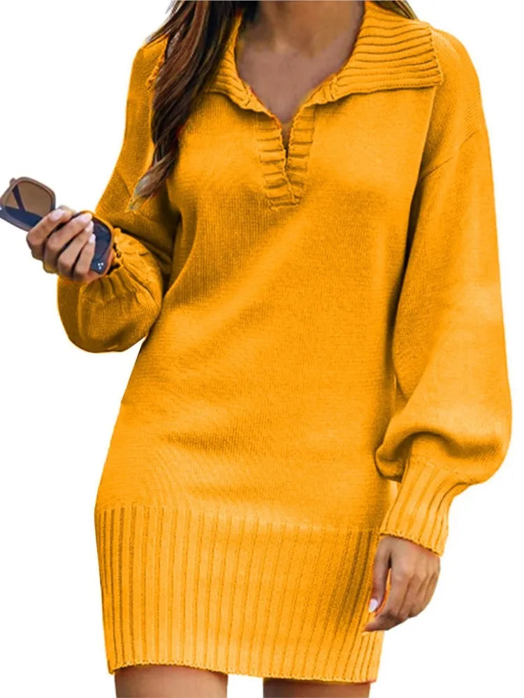 Women's Sweater Mid Length Dresses Fashion Lapel Lantern Sleeve Knit Solid Color Elegant Female Fall Winter Sweater Dress 2024
