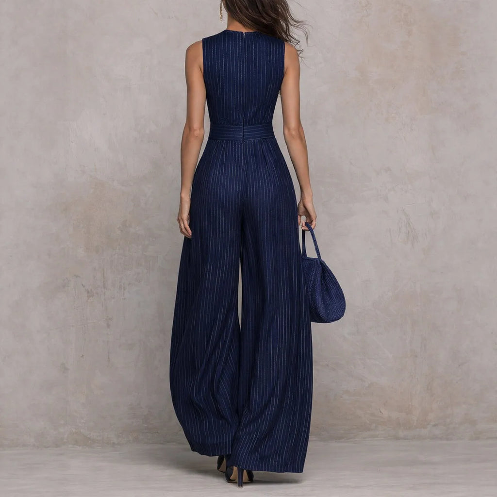 Striped Pint Jumpsuits Woman Elegant O Neck Off Shoulder Hollow Rompers Summer High Waist Wide Leg Pockets Loose Overalls