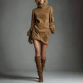 American Retro Fashion Women Dress Suede Business Casual High Collar Long Sleeve Pocket Casual Midi Dresses Streewear Dress