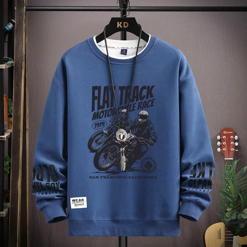Autumn Men's Motorcycle Graphics Sweatshirt Hoodies Retro Printed Long Sleeve T-shirt Men's Clothing Black O Neck Harajuku Top