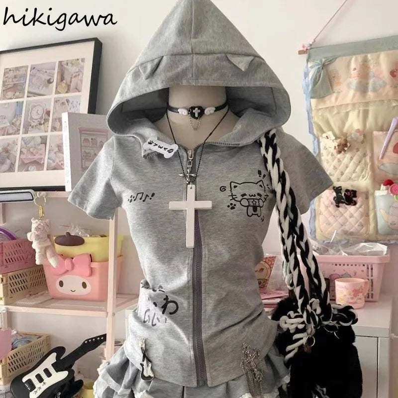 Cat Ears Hooded Sweatshirts 2025 Women Clothes Short Sleeve Zipper Slim Fit Hoodies Y2k Tops Casual Fashion Japanese Cute Hoodie