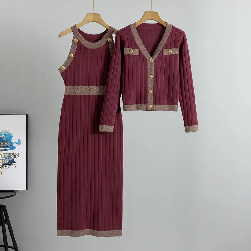 French Style Dress Sets Women's High Waist Knitted Two-pieces Sweater Tant Dress and Coats Spring Autumn Fashion Elegant Outfits