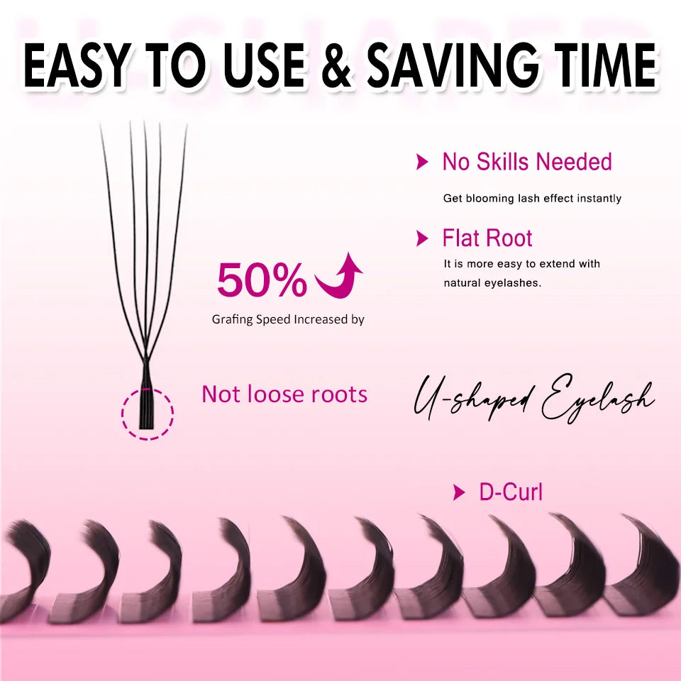 10 Trays U-shaped Eyelash Extensions Handmade Soft U Shape W Bloom Lashes Premade Fans U3D U5D Brown 4DW False Eyelash Wholesale