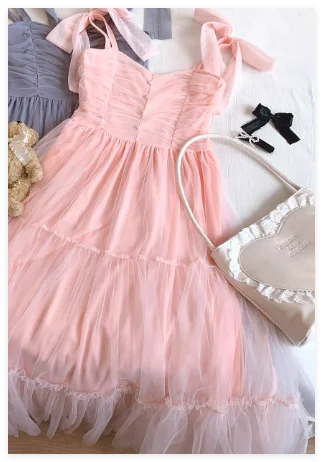 Japanese Style Niche Women Dresses Spring Summer Autumn Girl Sweet Bow Mesh Dress Lolita Cute Fairy Long Suspender Dress
