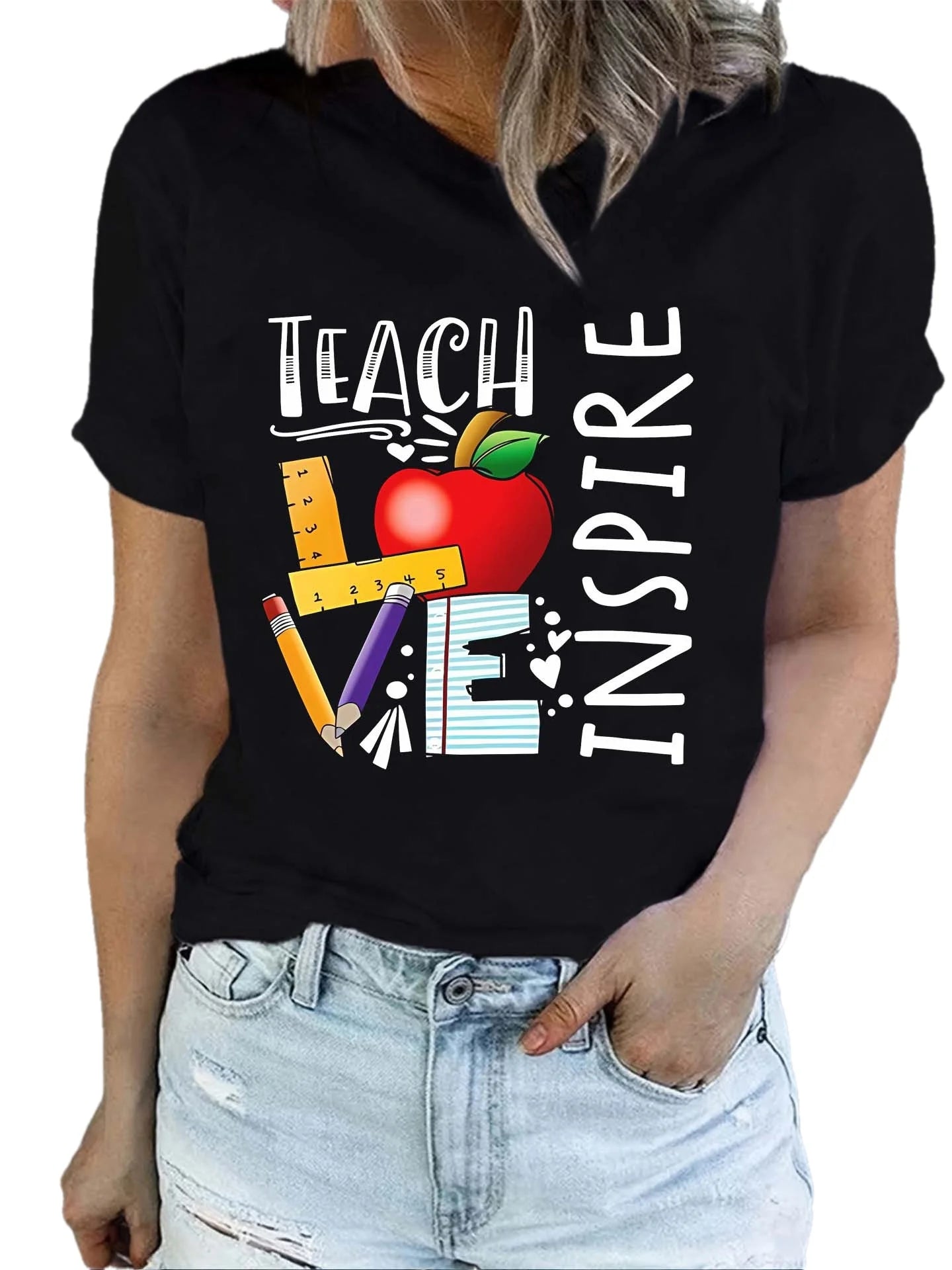Teacher Letter Print Short Sleeve T-shirts Crew Neck Casual Top For Summer  Spring Women's Clothing Classic Design Casual Trend