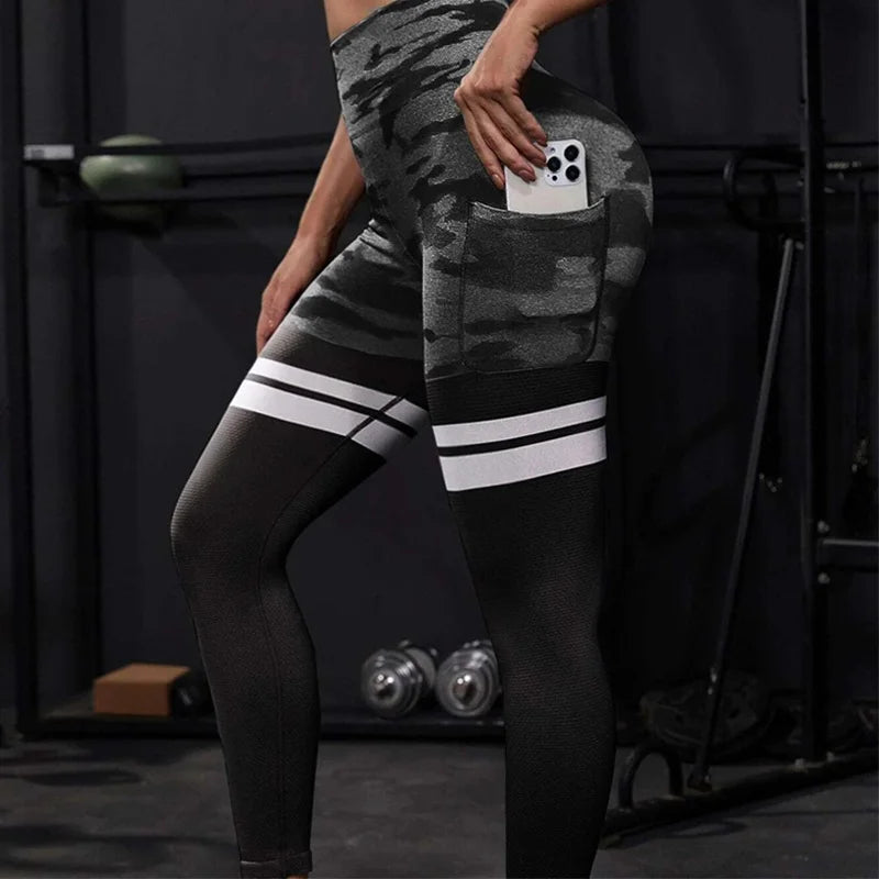 Striped Camo Leggings Women Seamless Knit Tights High Waist Hip Liftting Workout Running Slim Yoga Fitness Sportswear Yoga Pants