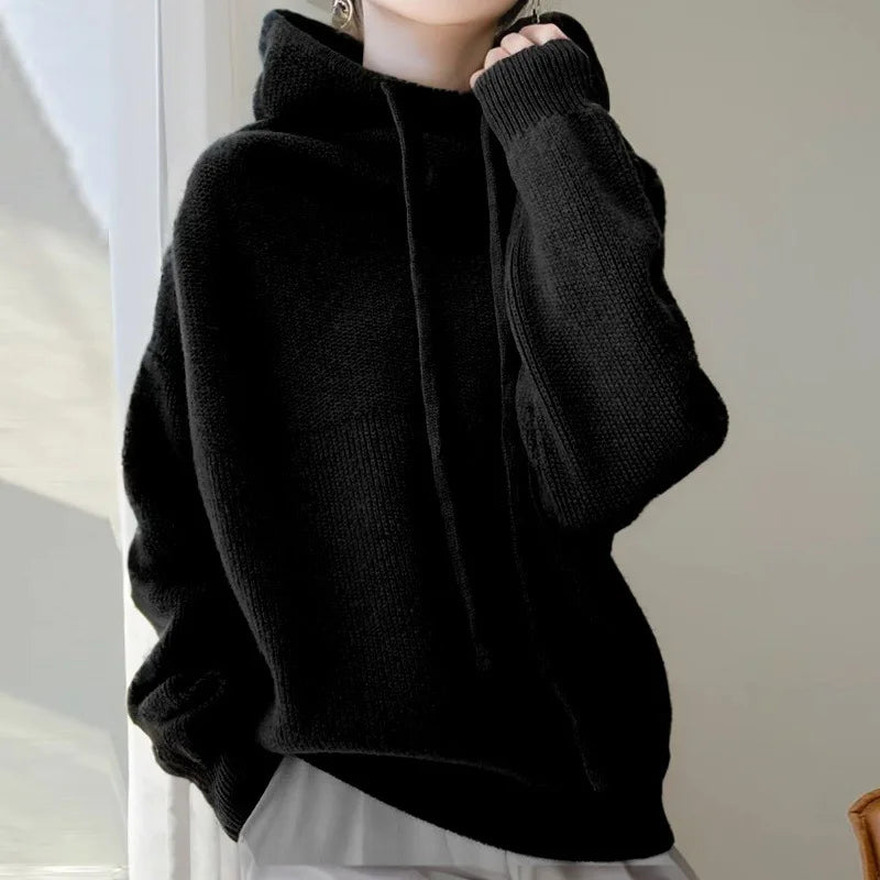 Hoodies Sweater Women Pullover Hooded Thick Knitting Top Drawstring Knitwear Autumn Winter Knitted Tops Jumper Office Lady 2025