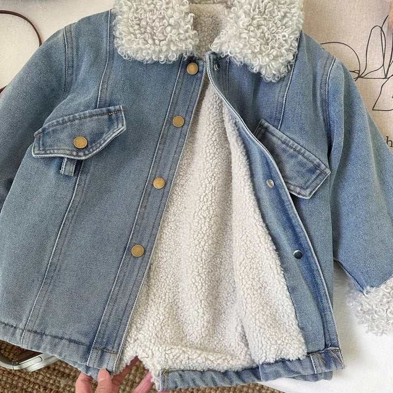 Winter Girls Thick Demin Coats Baby Plus Velvet Warm Outerwear With Belt Kids Princess Designed Long Jackets Children Clothes