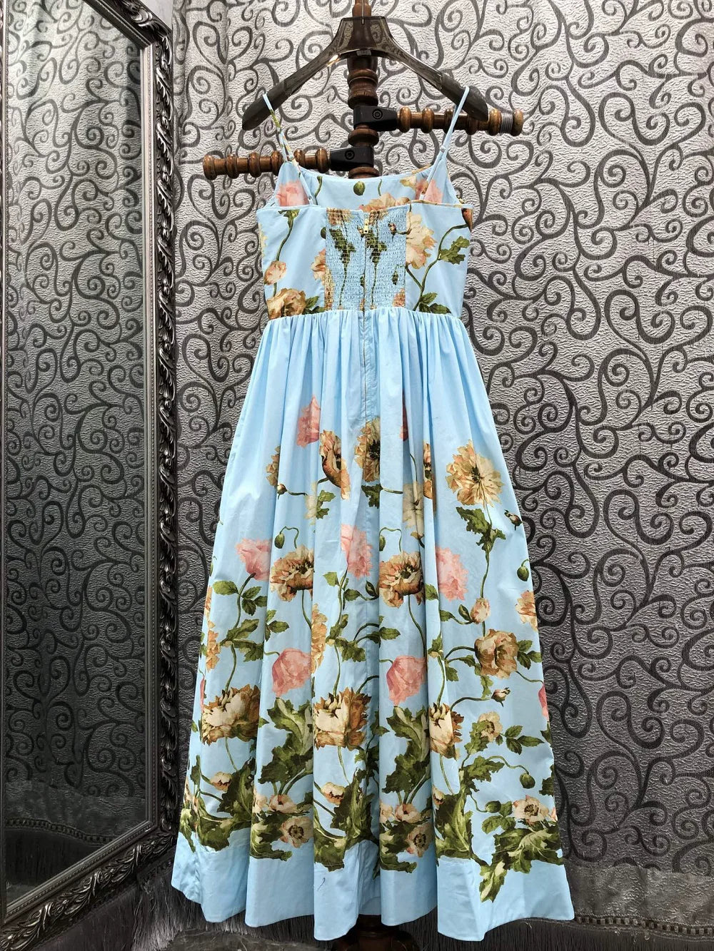 100%Cotton Long Dress 2026 Summer Evening Party Women Spaghetti Strap Colorful Floral Print Luxury Long Blue Maxi Dress Club