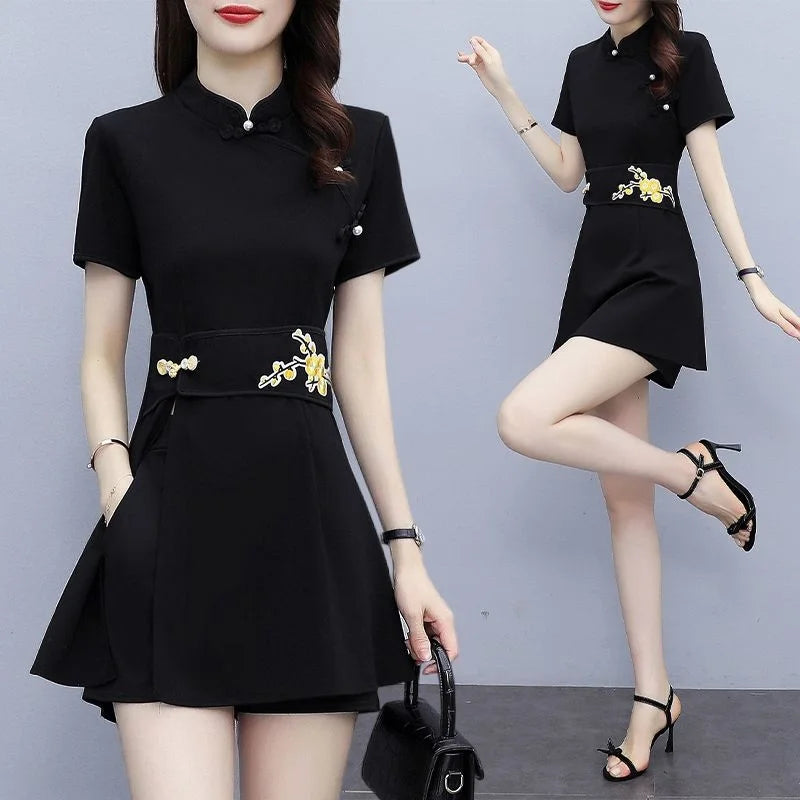 Women's Suit Chinese Style Clothes Two Piece Sets 2025 Summer New Crop Top And Shorts Retro Cheongsam Outfits Matching For Women