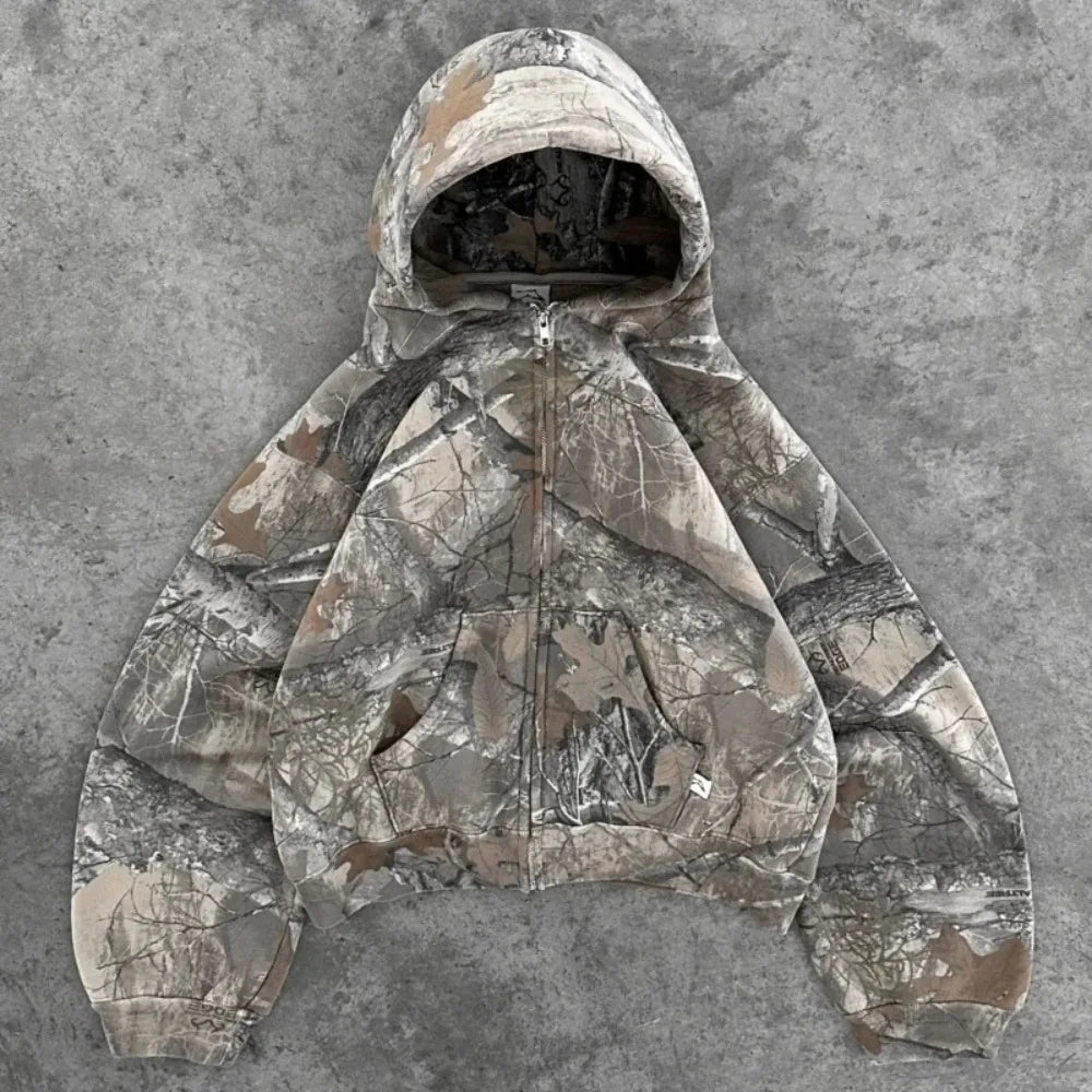 Sweatshirt Hoodie Y2K Retro zip up Camouflage Pattern zipper High Street Hip Hop Streetwear Oversized Unisex Camo Hoodie