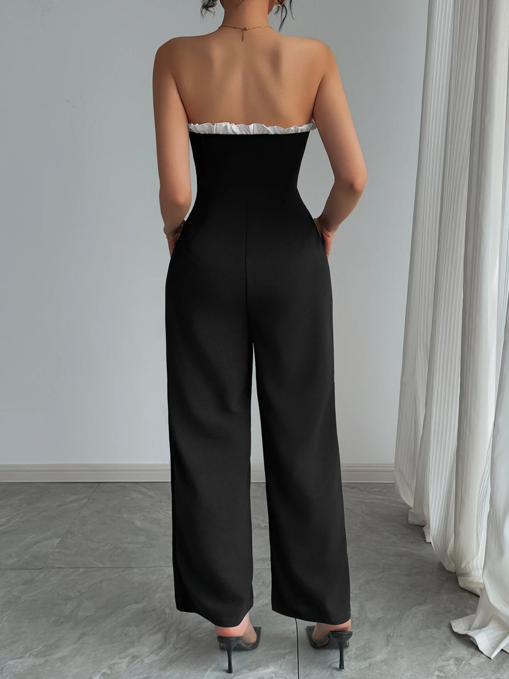 Jumpsuit Spring Summer Women Black Strapless White Ruffle Trim Wide Leg Chic Elegant Daily Date Party Jumpsuit