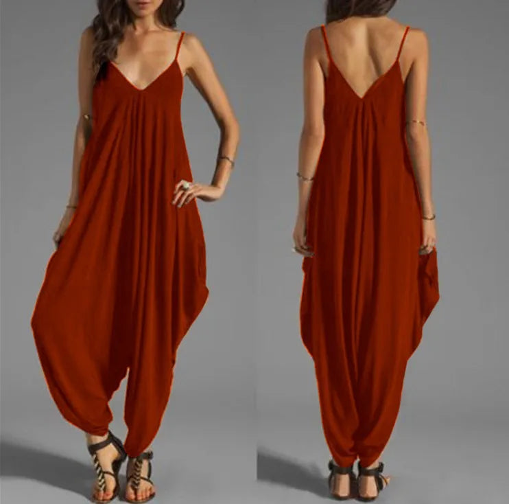Summer Jumpsuits for Women Full-Length Playsuit Sexy V-Neck Sleeveless Jumpsuits Solid Color Pants Female Casual Loose Rompers