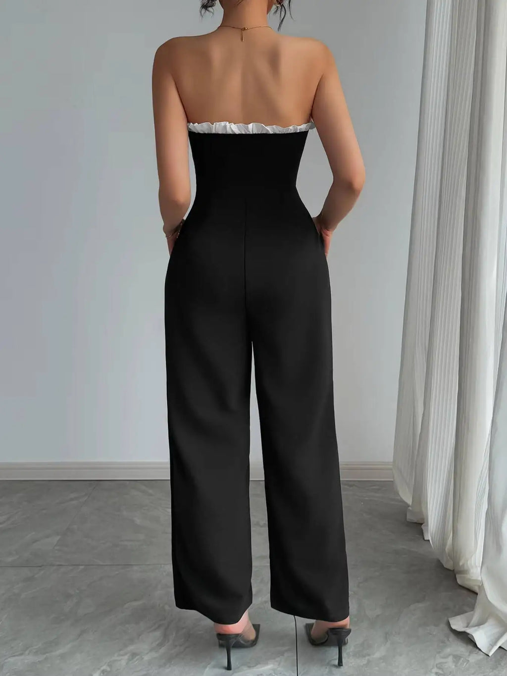 Jumpsuit Spring Summer Women Black Strapless White Ruffle Trim Wide Leg Chic Elegant Daily Date Party Jumpsuit