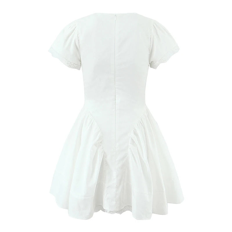 YENKYE Sweet Cute White Mini Dress For Pretty Girl Elegant A-line Bow V Neck Summer Dresses Party Robe Vacation Vestidos 2025