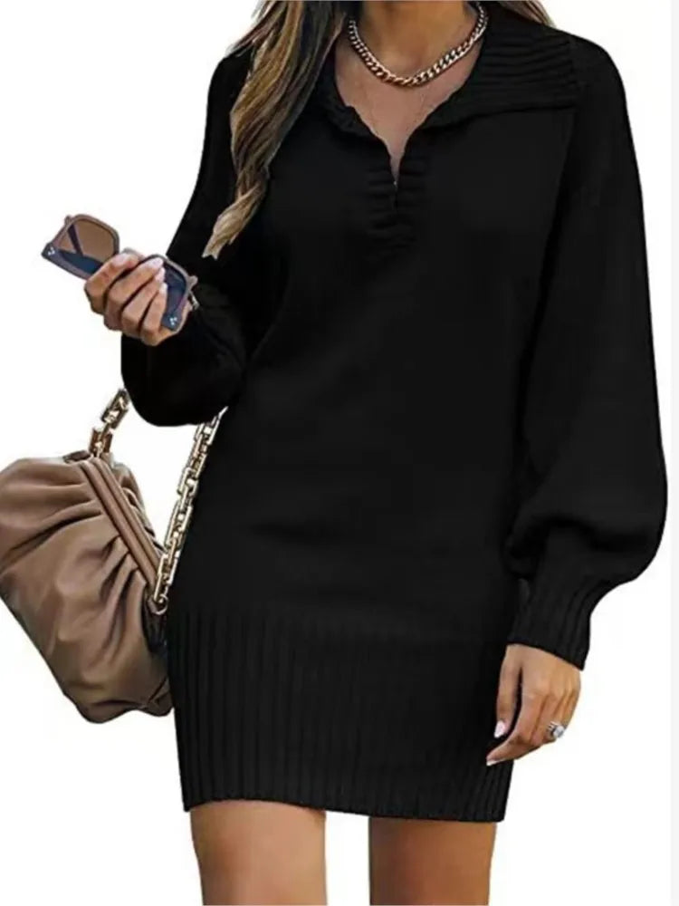 Women's Sweater Mid Length Dresses Fashion Lapel Lantern Sleeve Knit Solid Color Elegant Female Fall Winter Sweater Dress 2024