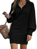 Women's Sweater Mid Length Dresses Fashion Lapel Lantern Sleeve Knit Solid Color Elegant Female Fall Winter Sweater Dress 2024