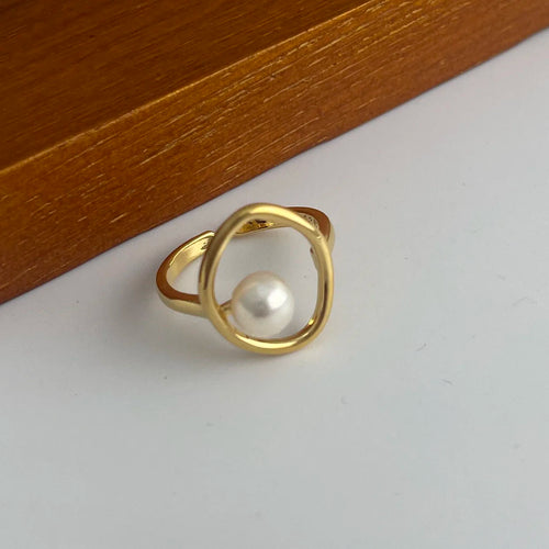 925 Sterling Silver Rings For Women Men Wide Vintage Gold Pearl Open Ring For Birthday Party Gift
