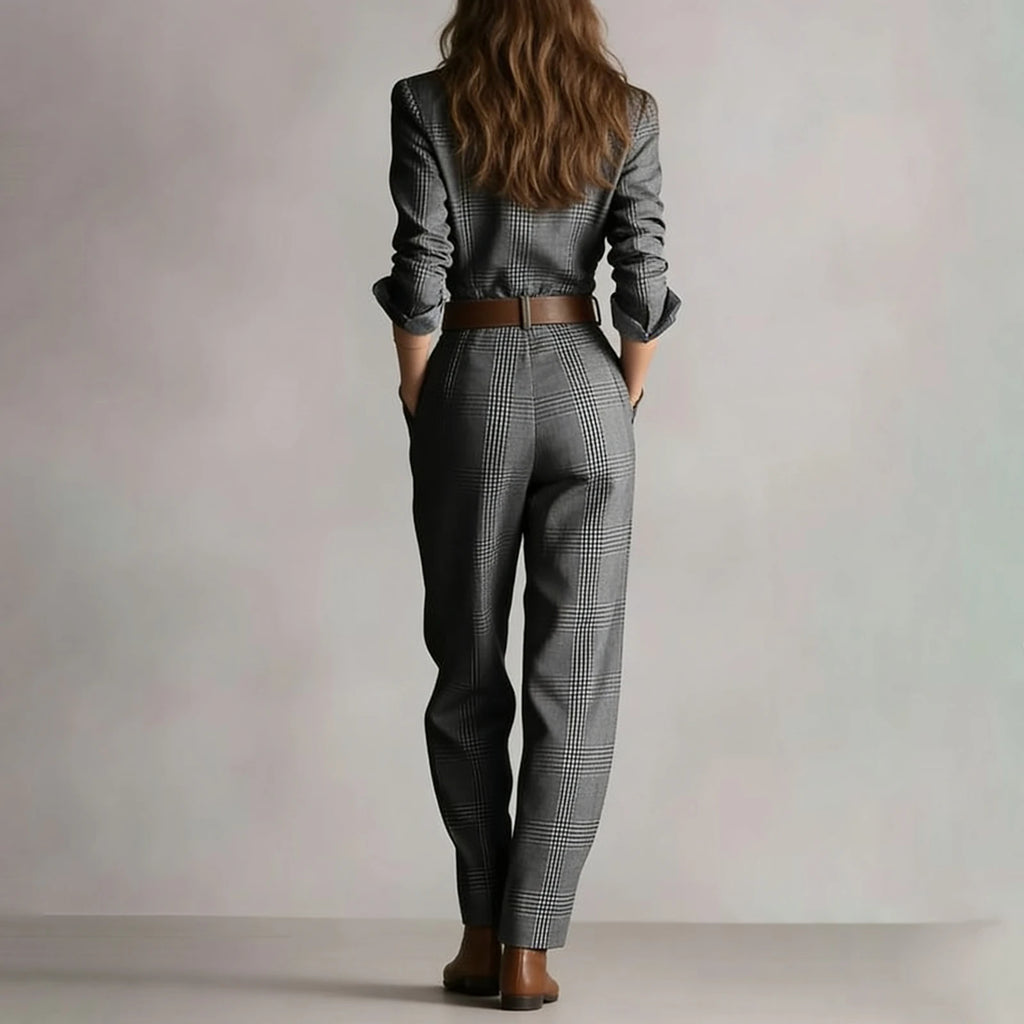 Womens Jumpsuit Beige Plaid Shirt-Style Jumpsuits Belted Wide-Leg Casual Office Jumpsuits 2026 Fashionable Outfit Vestido