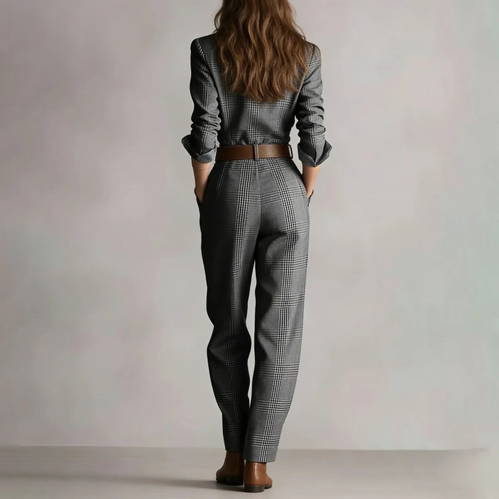Womens Jumpsuit Beige Plaid Shirt-Style Jumpsuits Belted Wide-Leg Casual Office Jumpsuits 2026 Fashionable Outfit Vestido