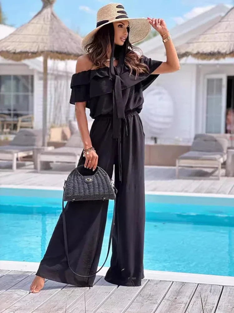 Summer Off-Shoulder Jumpsuit for Women Short-Sleeved Flounce Slim Fit Elastic Waist Fashionable Casual Jumpsuits