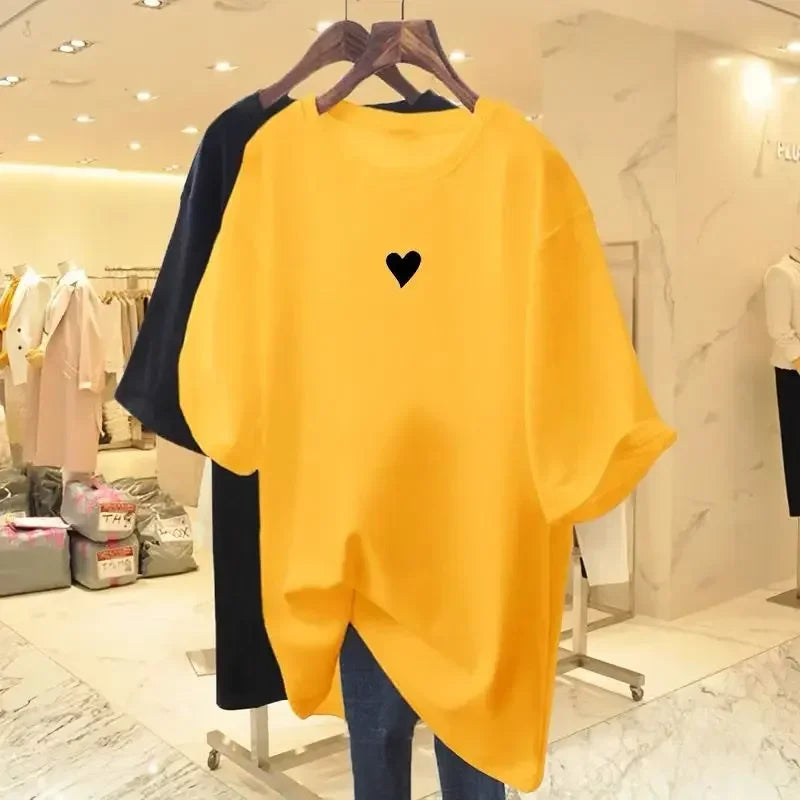 Plus Size Women Casual Loose Pure Top Tees Basic Solid Short Sleeve Pullovers Summer Love Printed Short Sleeve Vintage Tee Shirt