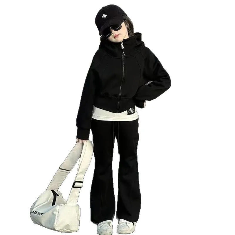 2026 winter spring teenager kids girl Children set Clothes crop top Hooded + black Straight pants 4 6 7 8 9 10 11 12 14 15 Year