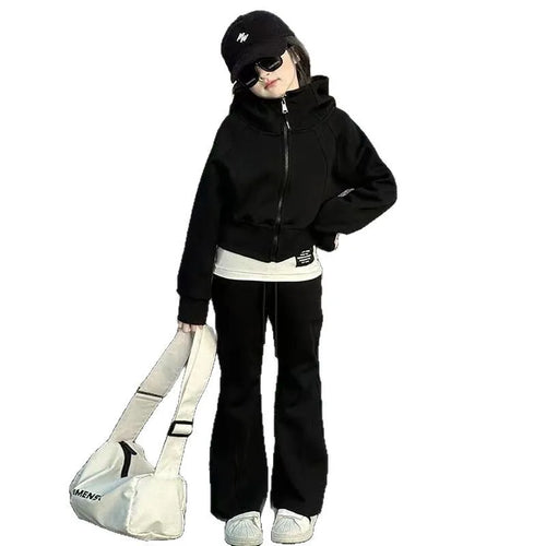 2026 winter spring teenager kids girl Children set Clothes crop top Hooded + black Straight pants 4 6 7 8 9 10 11 12 14 15 Year