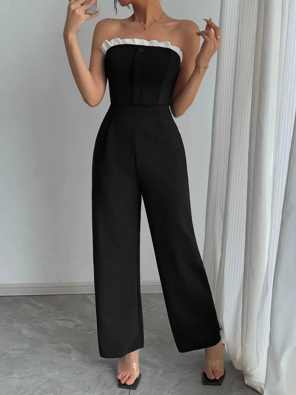 Jumpsuit Spring Summer Women Black Strapless White Ruffle Trim Wide Leg Chic Elegant Daily Date Party Jumpsuit